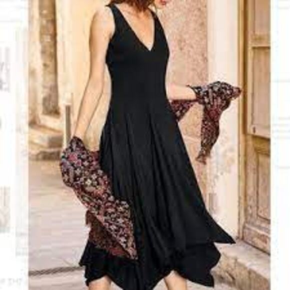 Peruvian Connection Cannes Dress Black V Neck Midi Handkerchief Hem 8 - Picture 1 of 13